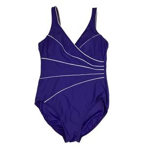 Miraclesuit Horizon Purple White Piping One Piece Swimsuit Women's 12 Wide Strap